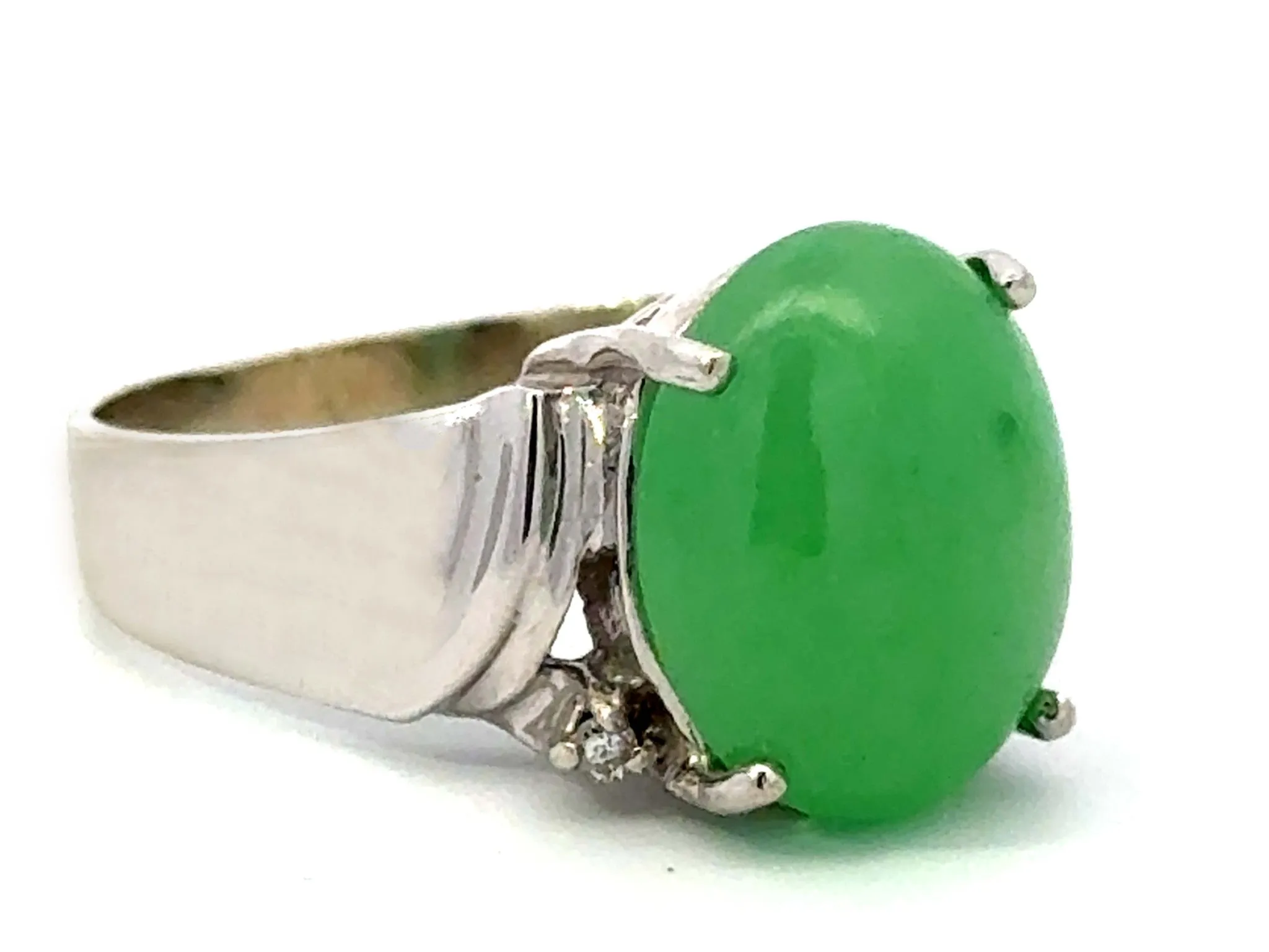Oval Green Jade Cabochon Diamond Ring 14k White Gold