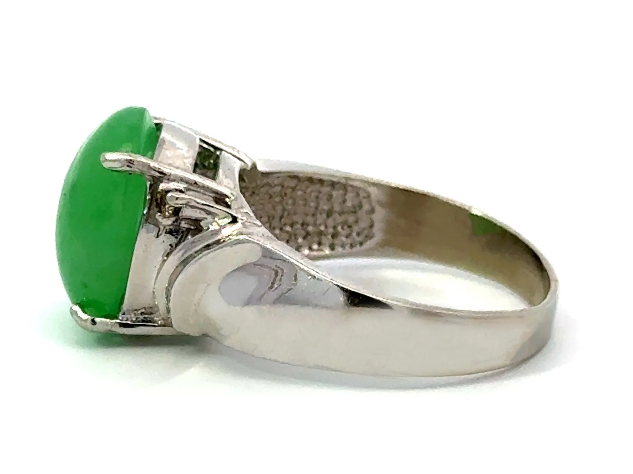 Oval Green Jade Cabochon Diamond Ring 14k White Gold