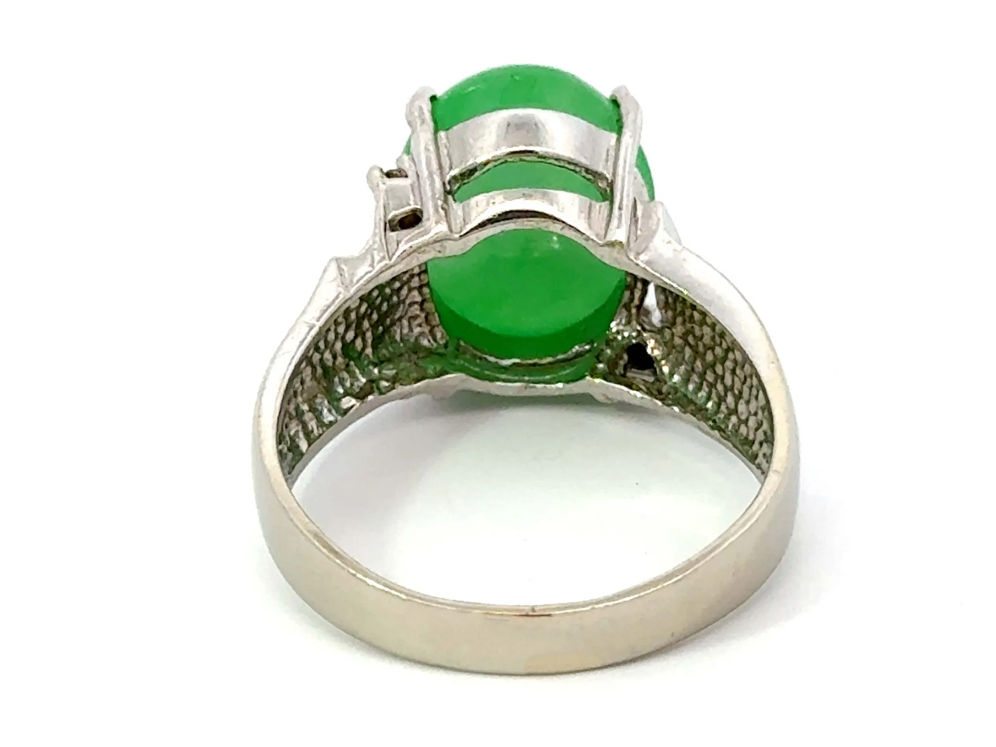 Oval Green Jade Cabochon Diamond Ring 14k White Gold