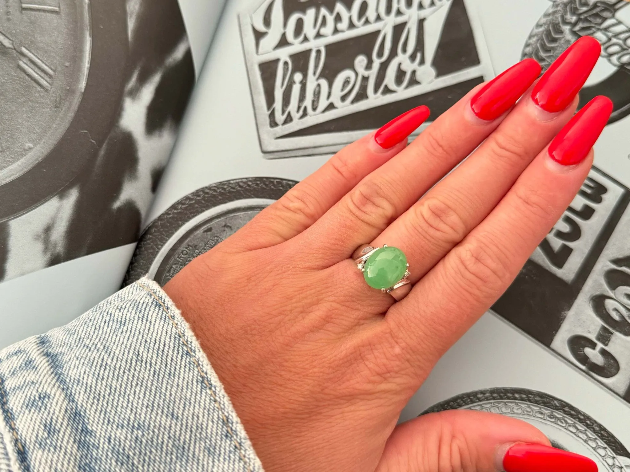 Oval Green Jade Cabochon Diamond Ring 14k White Gold
