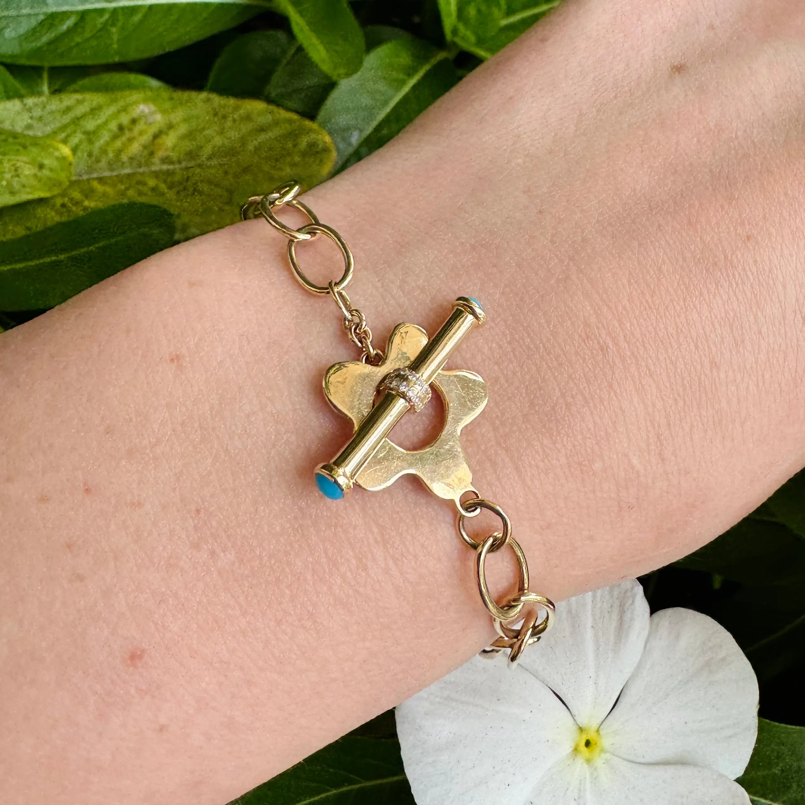 Oval Link Bracelet with Turquoise & Diamond Toggle Clasp