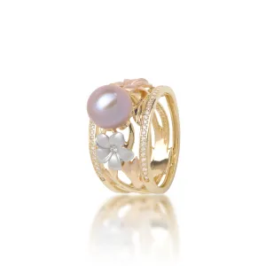 Pearls in Bloom Plumeria Lavender Freshwater Pearl Ring in Tri Color Gold with Diamonds - 12mm