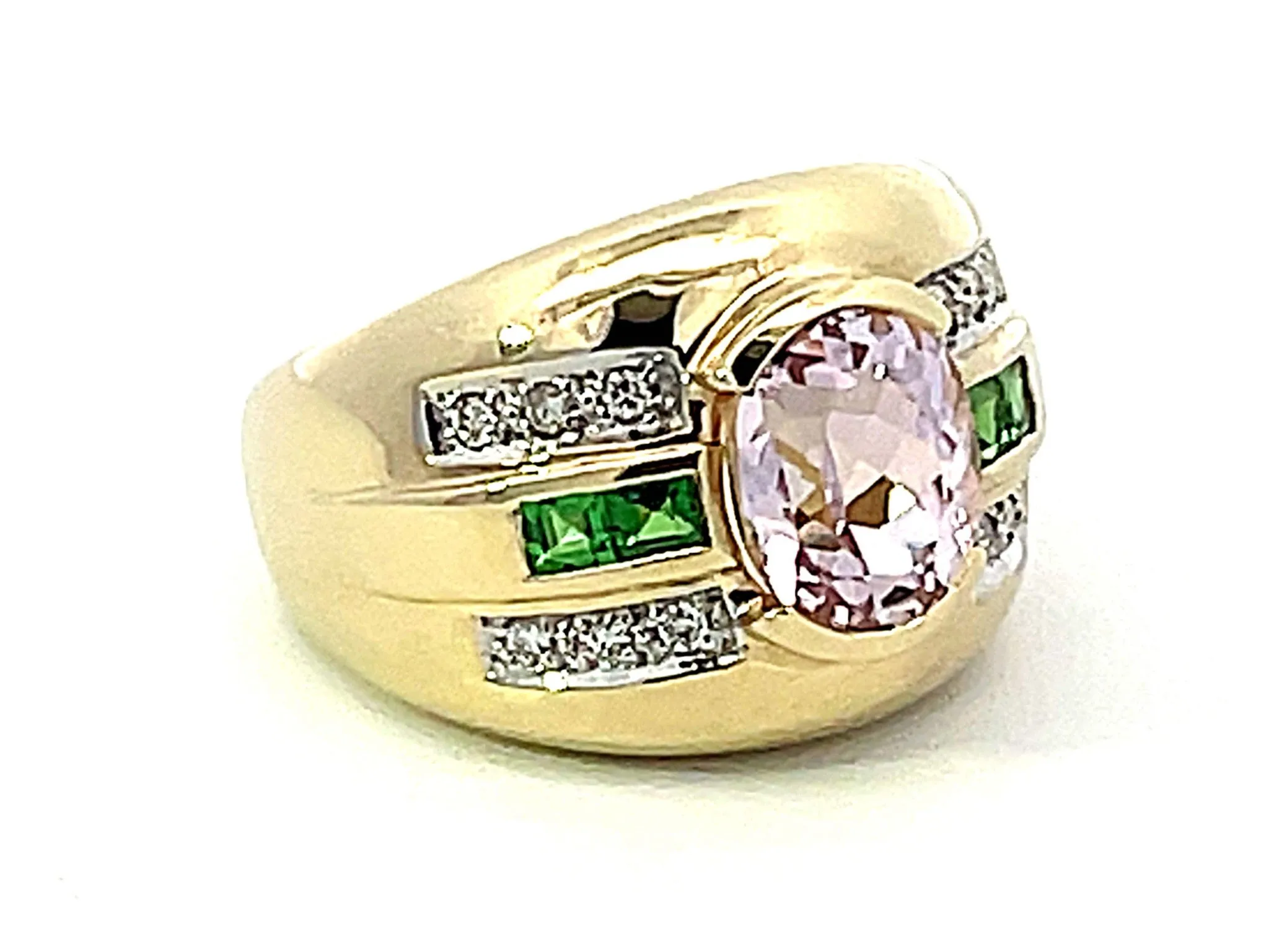 Pink Kunzite Green Tsavorite Garnet Diamond Cigar Band Ring in 14k Yellow Gold