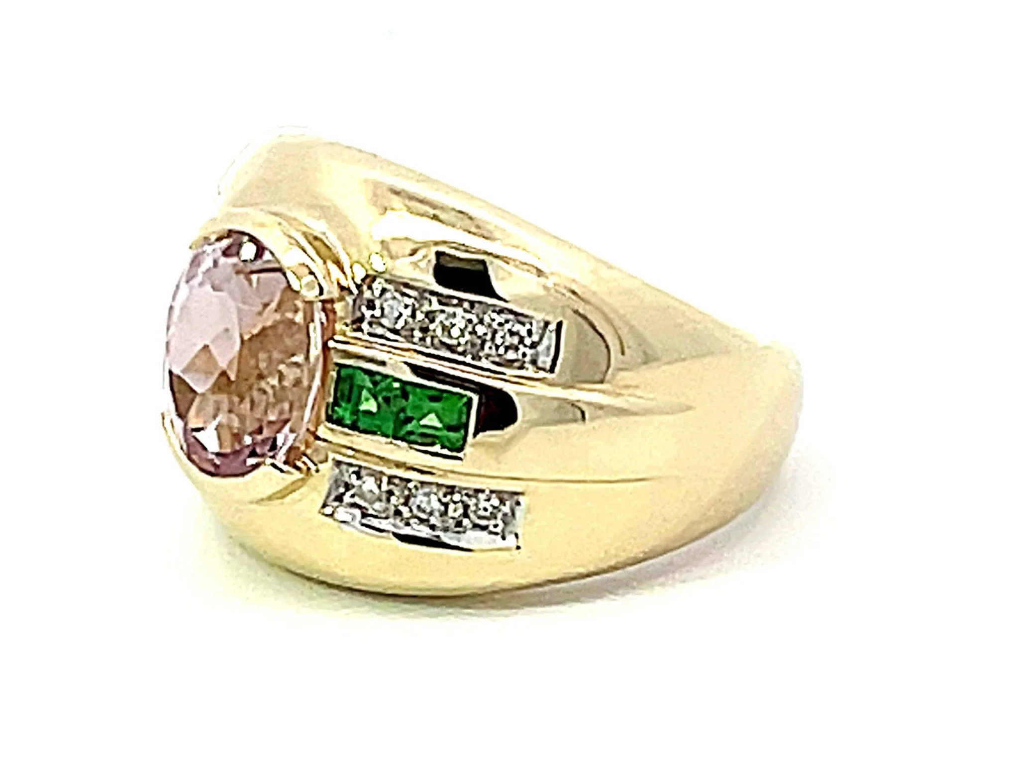 Pink Kunzite Green Tsavorite Garnet Diamond Cigar Band Ring in 14k Yellow Gold
