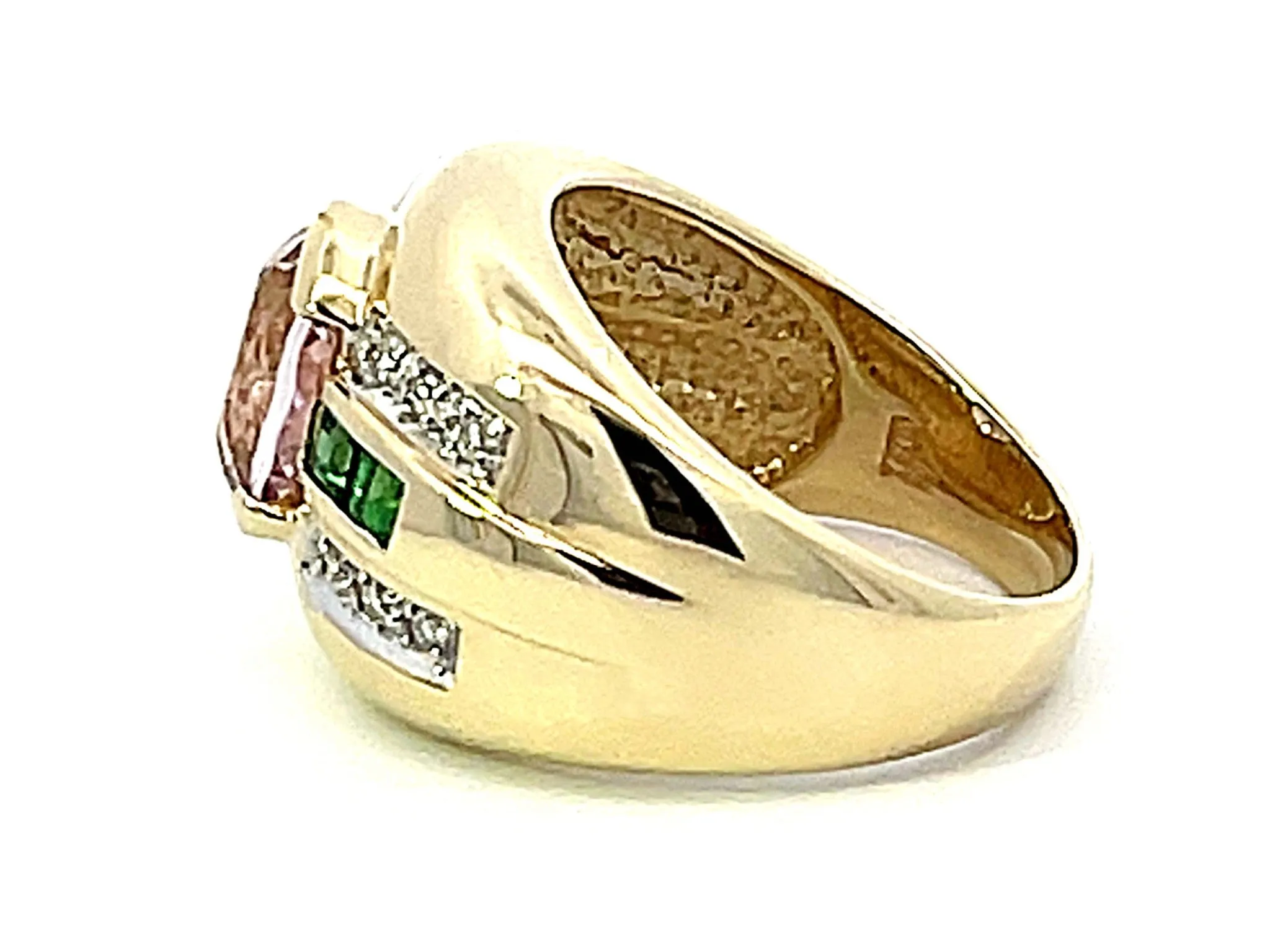 Pink Kunzite Green Tsavorite Garnet Diamond Cigar Band Ring in 14k Yellow Gold