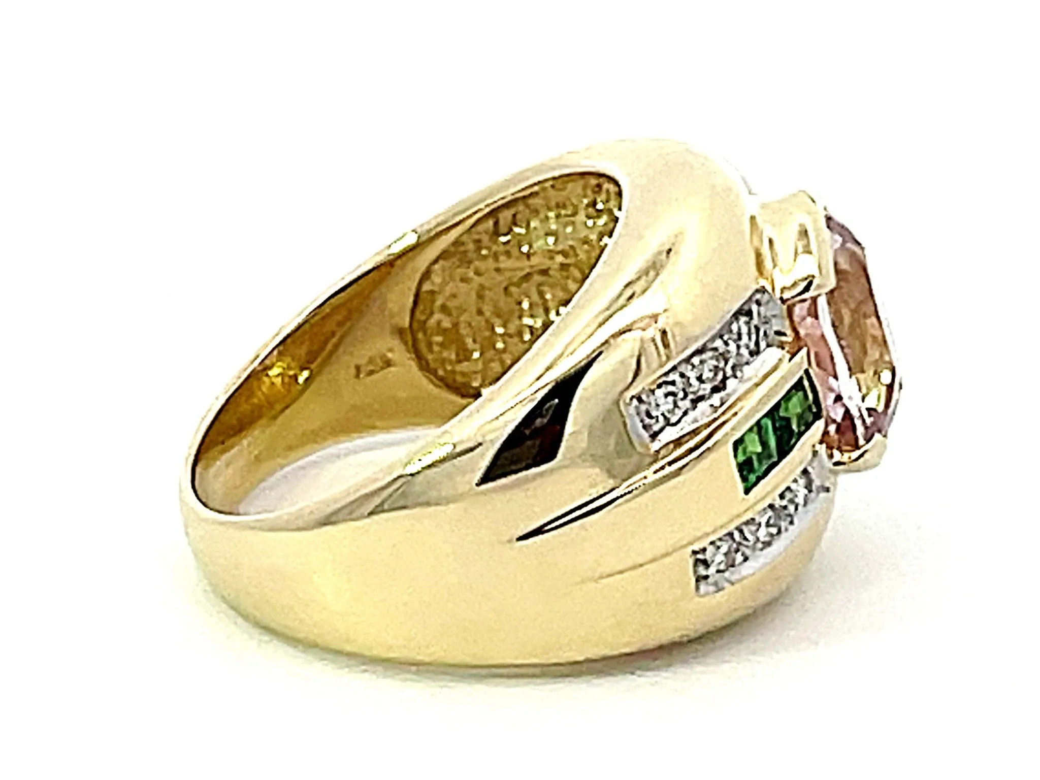 Pink Kunzite Green Tsavorite Garnet Diamond Cigar Band Ring in 14k Yellow Gold