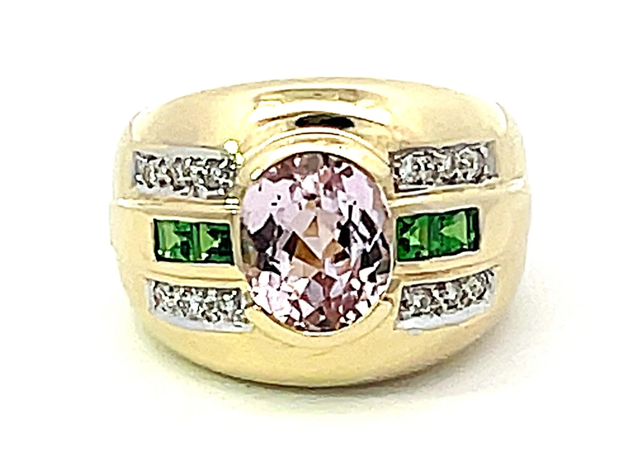 Pink Kunzite Green Tsavorite Garnet Diamond Cigar Band Ring in 14k Yellow Gold