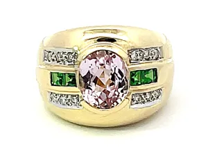 Pink Kunzite Green Tsavorite Garnet Diamond Cigar Band Ring in 14k Yellow Gold