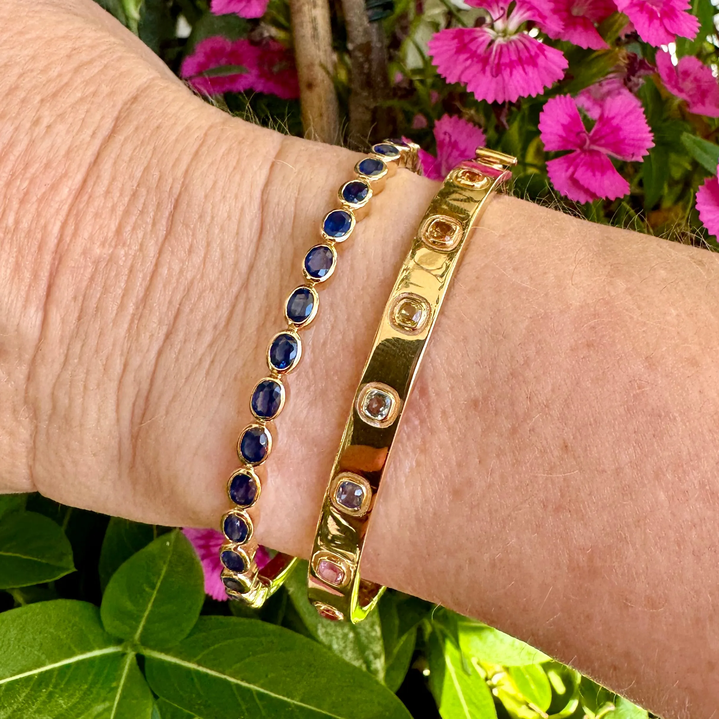 Princess Cut Rainbow Sapphire Bangle / 18K