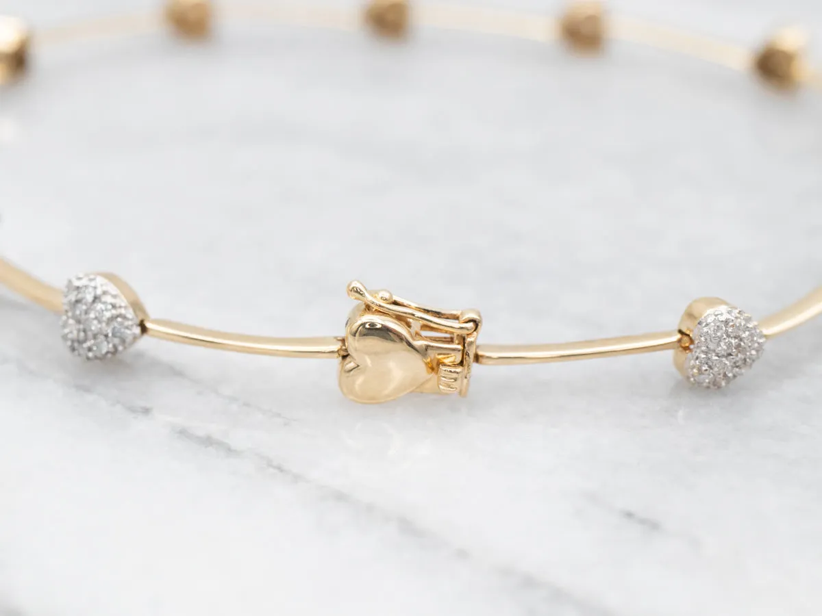 Puffy Gold Diamond Encrusted Heart Link Bracelet