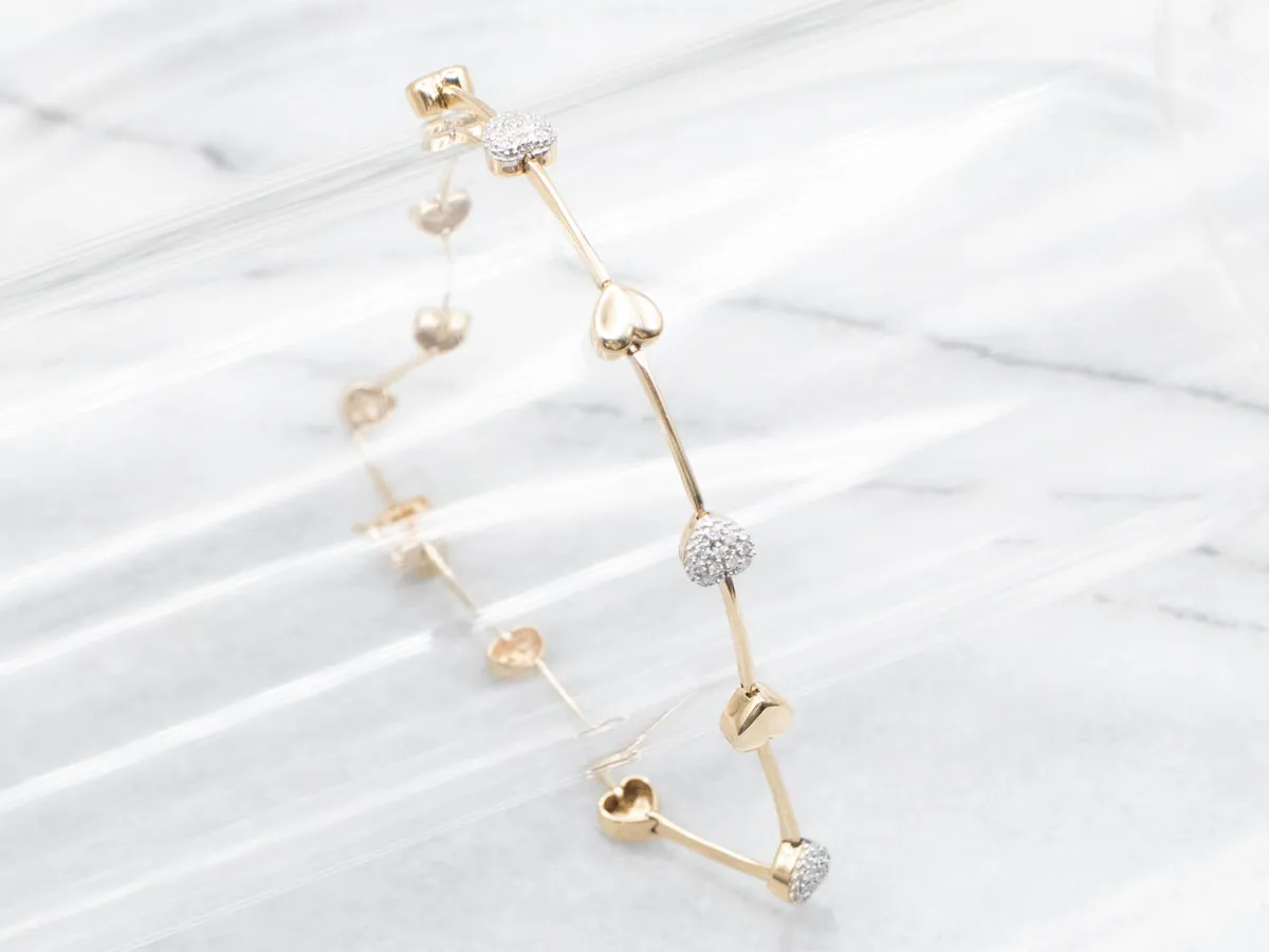 Puffy Gold Diamond Encrusted Heart Link Bracelet