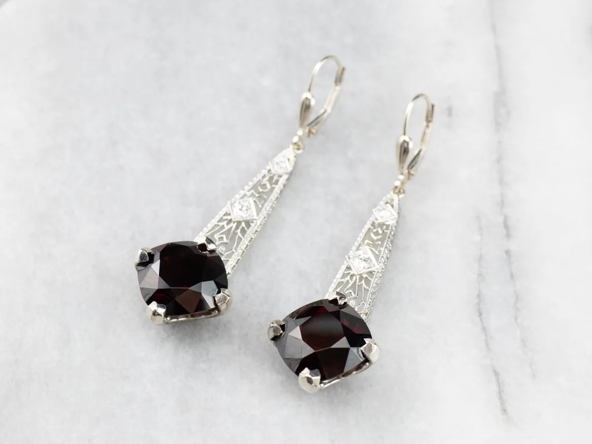 Pyrope Garnet and Diamond Filigree Drop Earrings