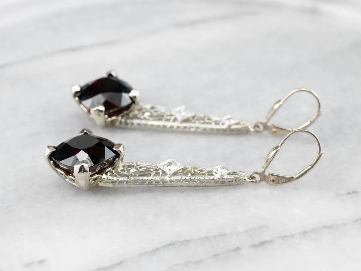 Pyrope Garnet and Diamond Filigree Drop Earrings