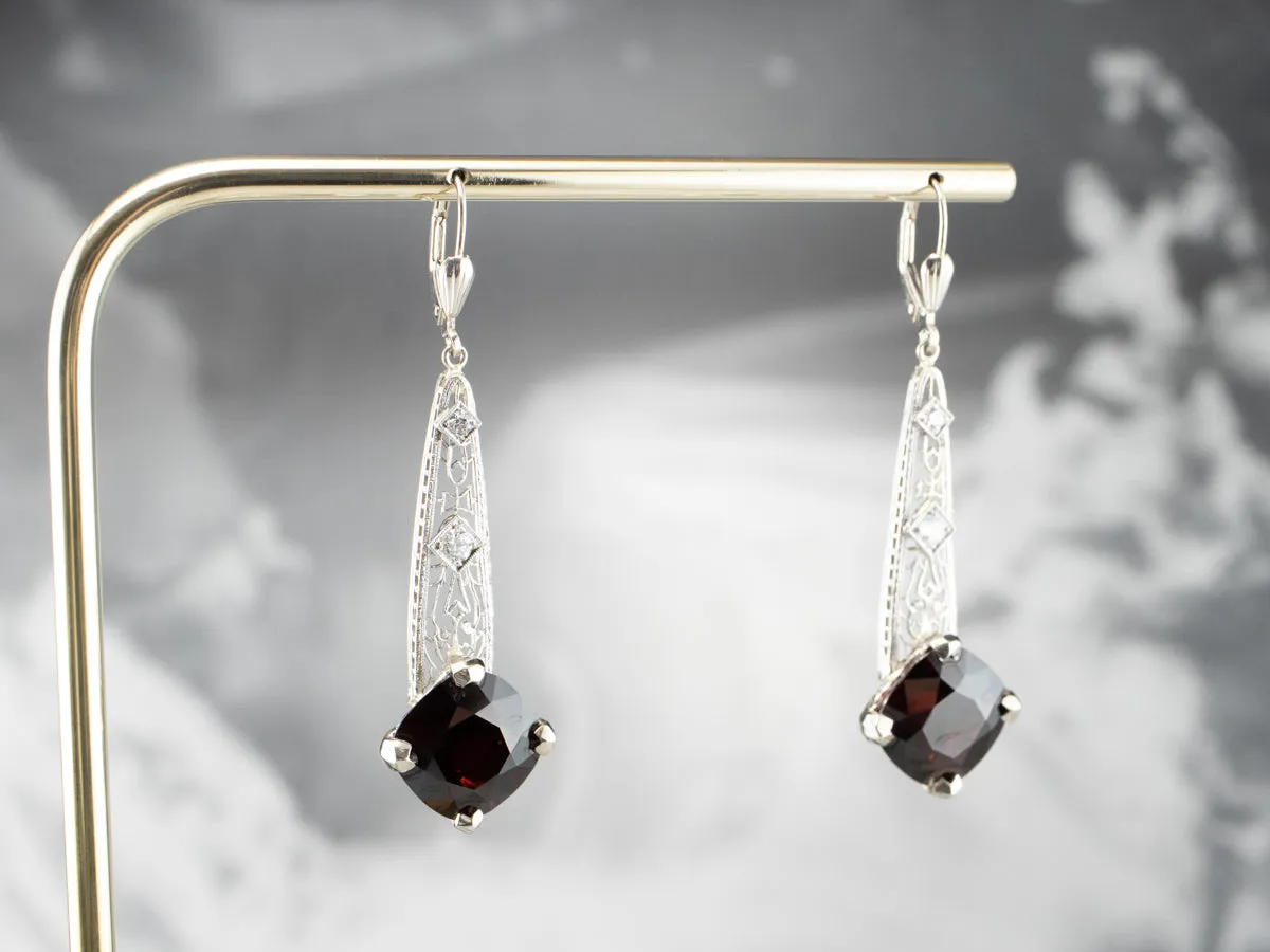 Pyrope Garnet and Diamond Filigree Drop Earrings