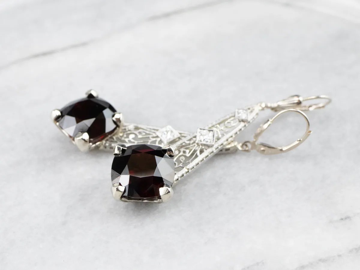 Pyrope Garnet and Diamond Filigree Drop Earrings