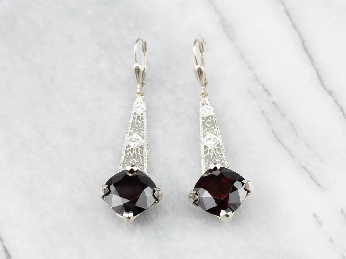 Pyrope Garnet and Diamond Filigree Drop Earrings