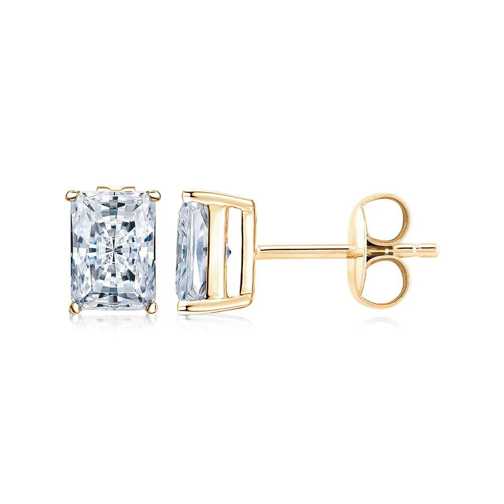 Radiant stud earrings with 2 carats* of diamond simulants in 10 carat yellow gold