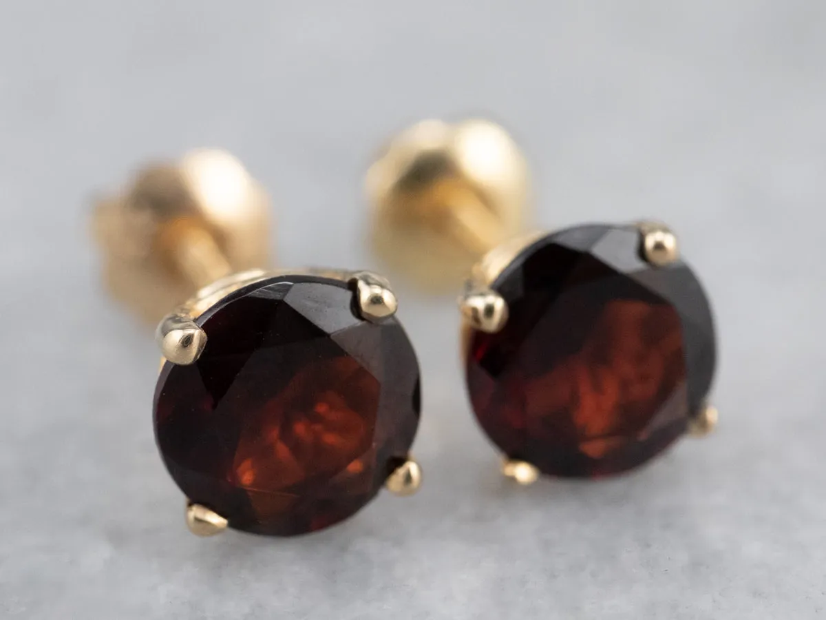 Round Garnet Gold Stud Earrings