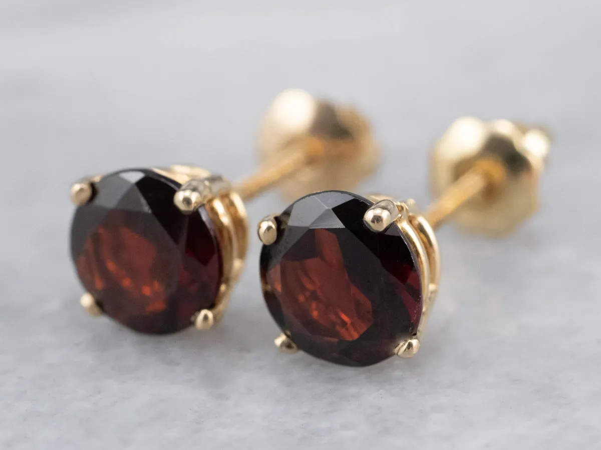 Round Garnet Gold Stud Earrings