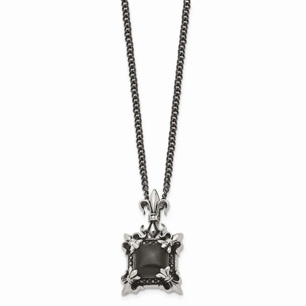 Stainless Steel Antiqued & Black Agate & Fleur de lis Necklace