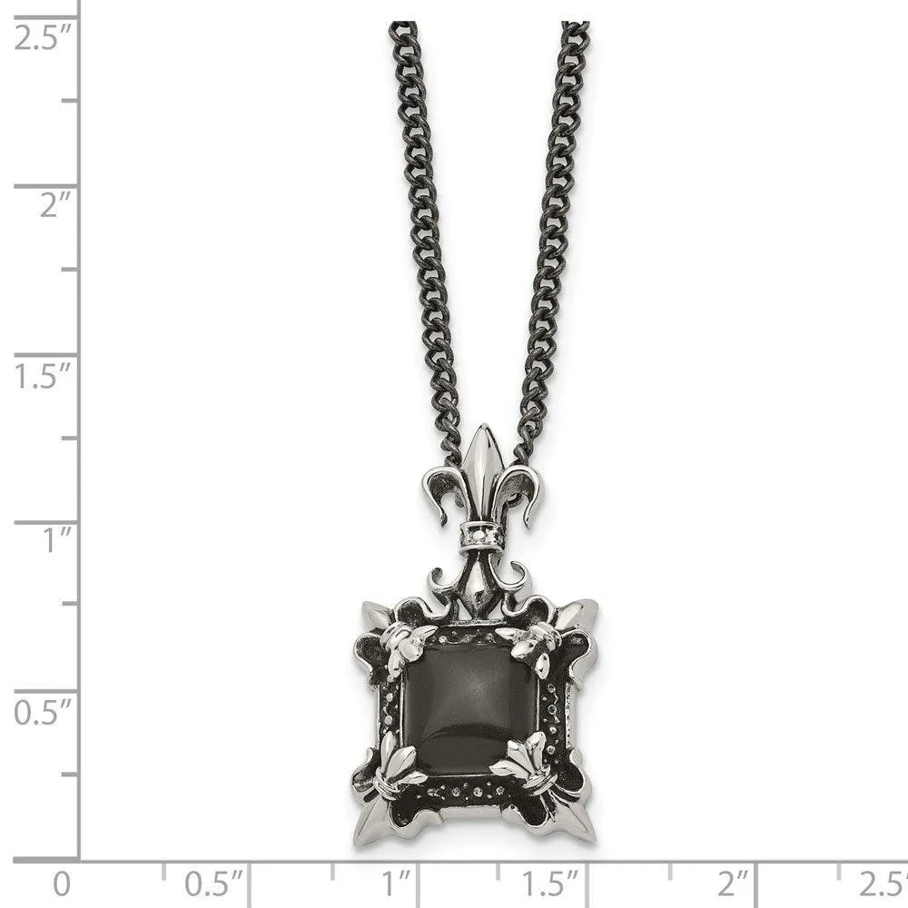 Stainless Steel Antiqued & Black Agate & Fleur de lis Necklace