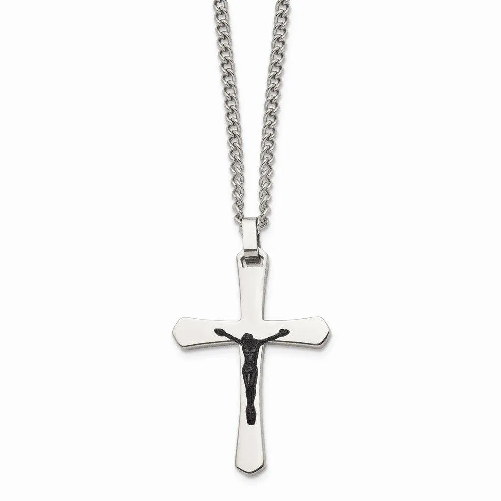 Stainless Steel Polished Cross w/Black IP Jesus Necklace