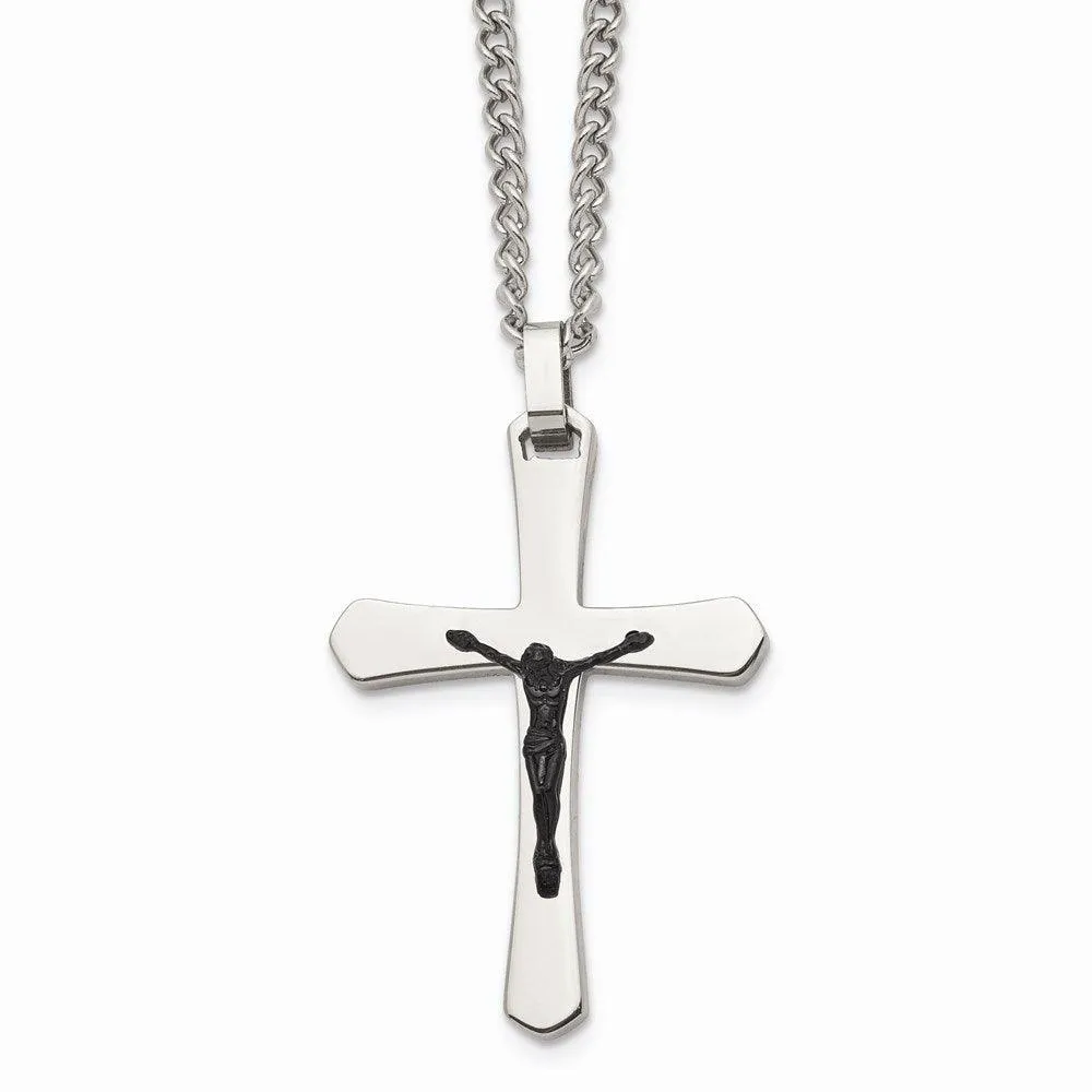 Stainless Steel Polished Cross w/Black IP Jesus Necklace