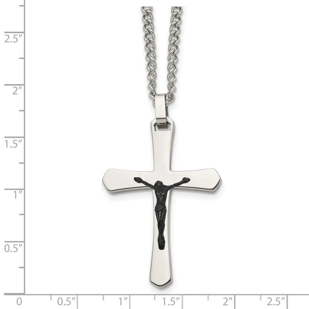 Stainless Steel Polished Cross w/Black IP Jesus Necklace