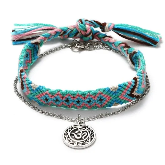 Vintage OM Rune Weave Anklets For Women 2018 New Handmade Cotton Anklet Bracelets Female Beach Foot Jewelry Gifts 2 PCS/Set