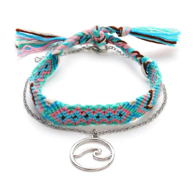 Vintage OM Rune Weave Anklets For Women 2018 New Handmade Cotton Anklet Bracelets Female Beach Foot Jewelry Gifts 2 PCS/Set