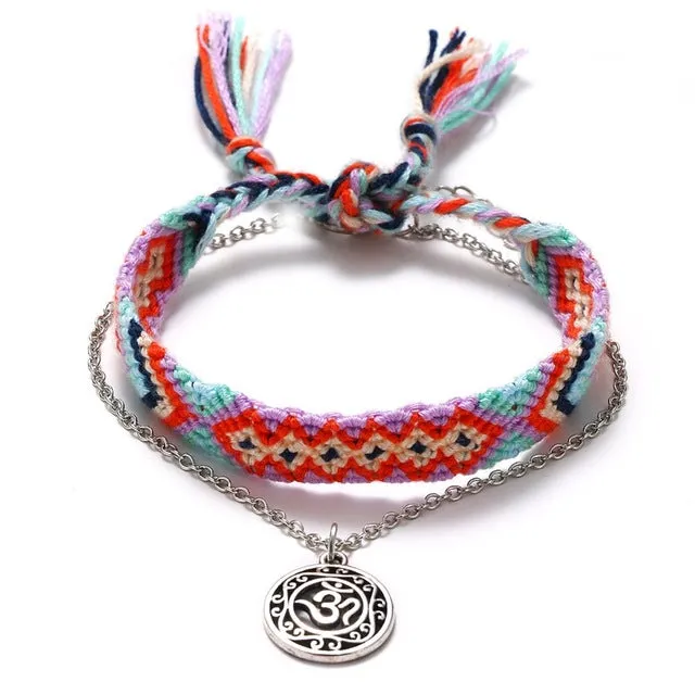 Vintage OM Rune Weave Anklets For Women 2018 New Handmade Cotton Anklet Bracelets Female Beach Foot Jewelry Gifts 2 PCS/Set