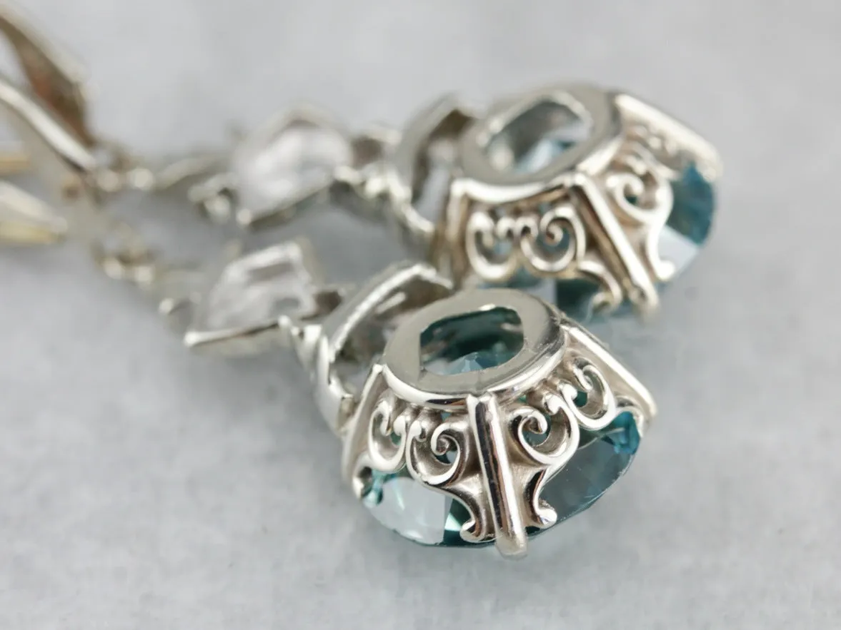 White Gold Blue Zircon Diamond Drop Earrings