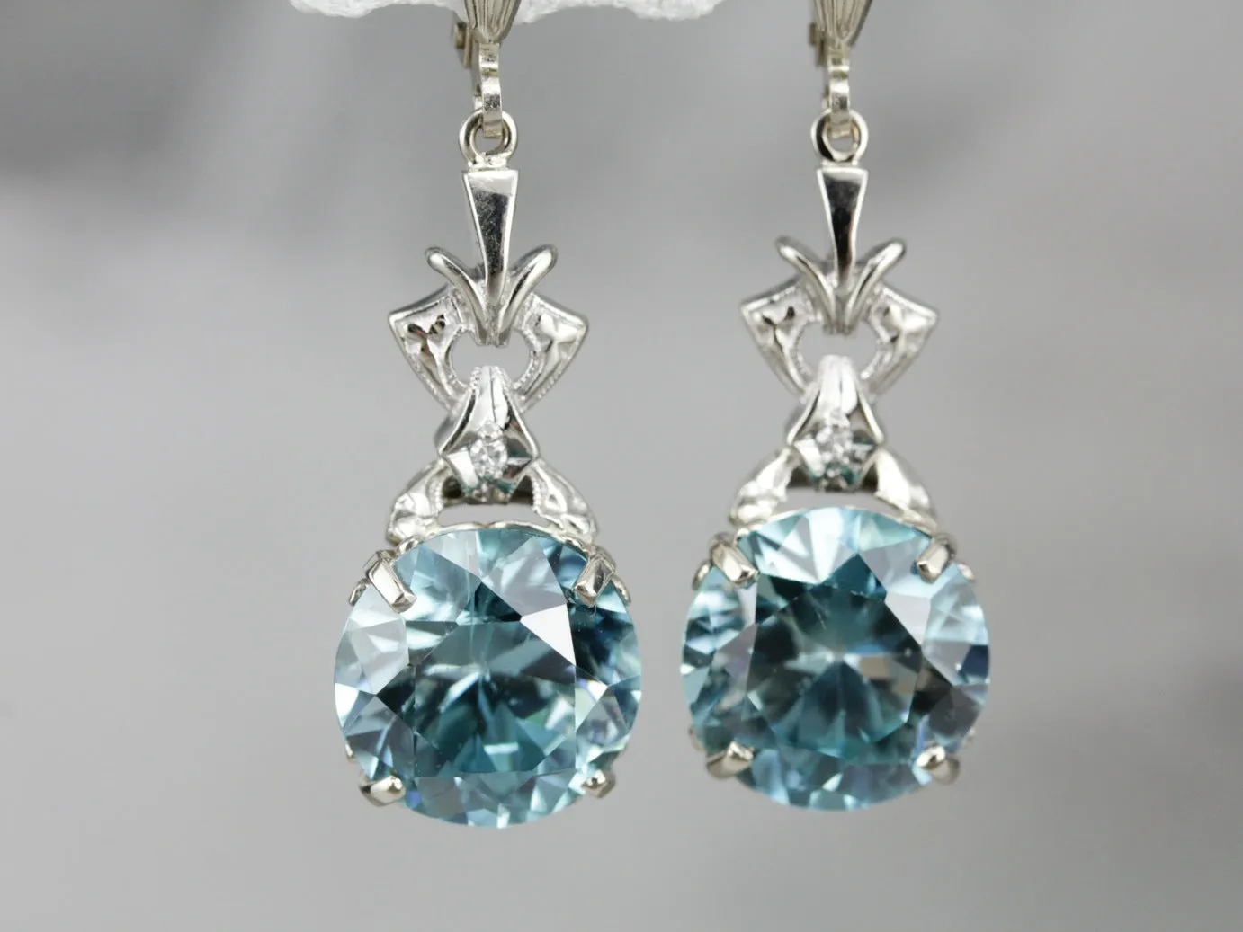 White Gold Blue Zircon Diamond Drop Earrings