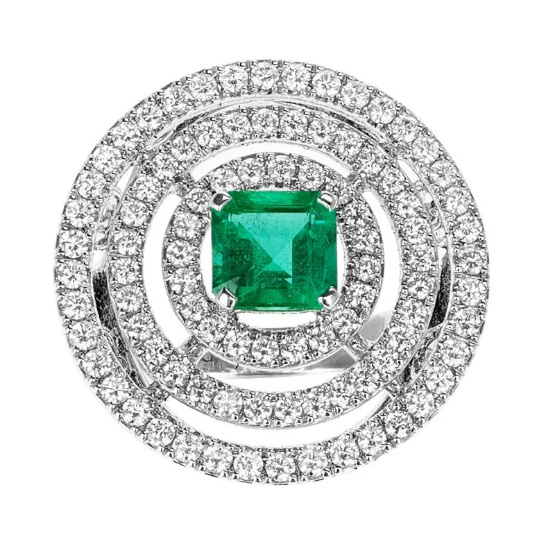 White Gold, Emerald and Diamond Bullseye Ring